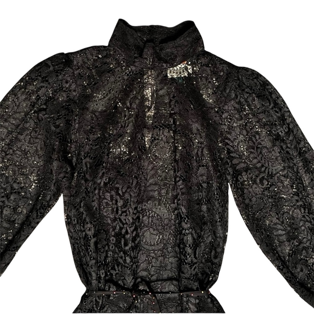 FARM Rio Black Lace Turtleneck Long Sleeve Beaded Feathered Dress Size S - Picture 3 of 8
